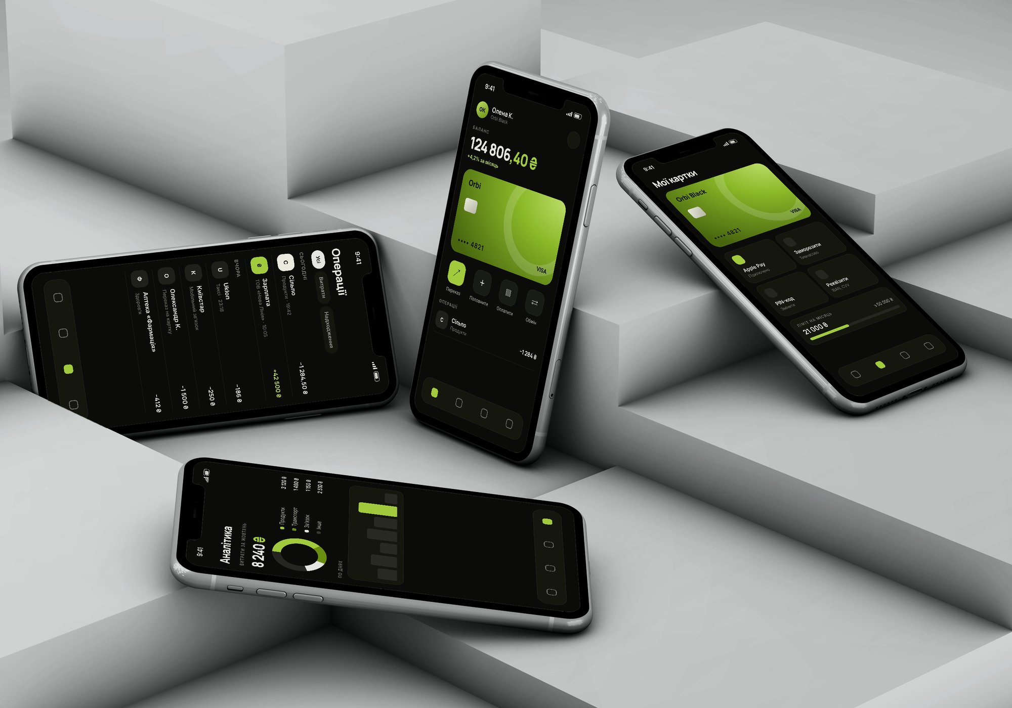 Four iPhones showing the Orbi banking app: balance, card, transactions and analytics