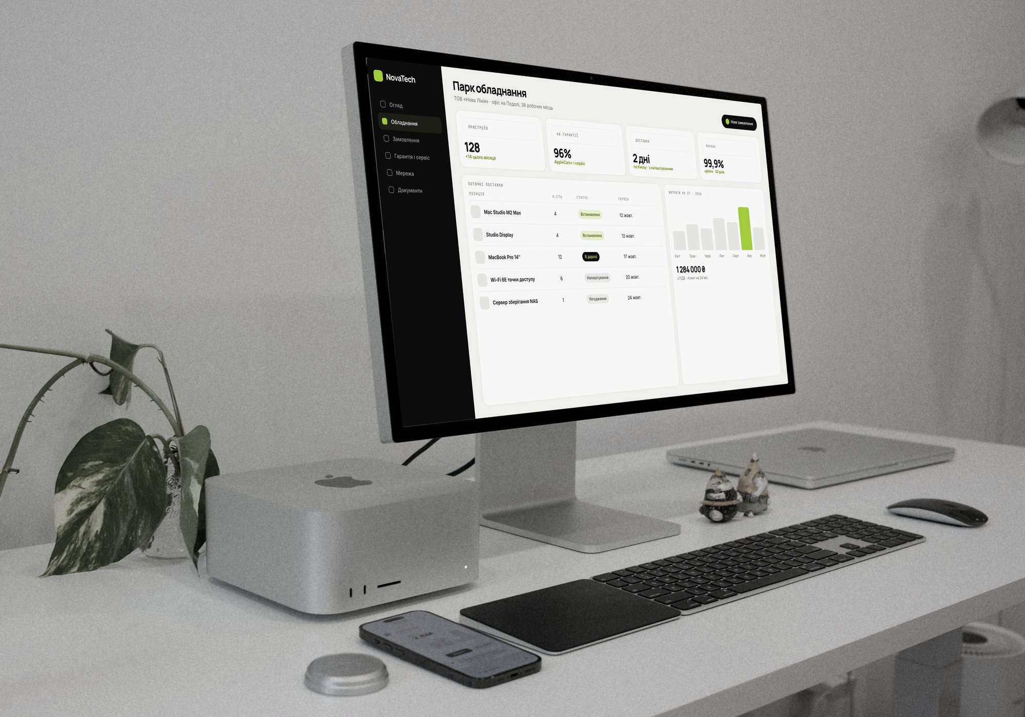 Mac Studio and Studio Display with an office hardware fleet dashboard